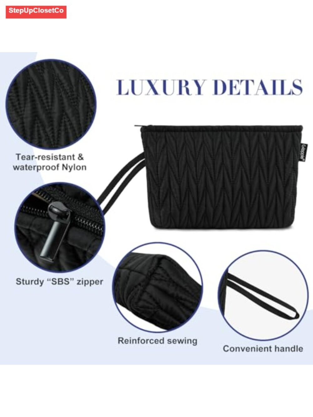 Puffy Waterproof Nylon Makeup Bag with Wristlet Handle, Cosmetic Pouch - Picture 2 of 5